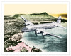 Over Oahu, Hawaii - Pan American World Airways - Douglas DC-4 Clipper - Diamond Head Crater, Waikiki Beach - Vintage Airline Travel Poster