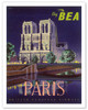 Paris - Notre Dame Cathedral by Moonlight - Fly BEA (British European Airways) - Poster by Daphne Padden