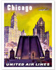 Chicago - United Air Lines - The Tribune Tower, Wrigley Building, and Michigan Ave. Bridge - Vintage Travel Poster
