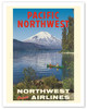 Pacific Northwest - Spirit Lake, Mount St. Helen - Canoe - Northwest Orient Airlines - c. 1973 - Vintage Airline Travel Poster
