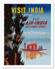 Visit India - Kashmir - Fly Air India International - Shikara Travel Boat at Dal Lake - Vintage Movie Poster