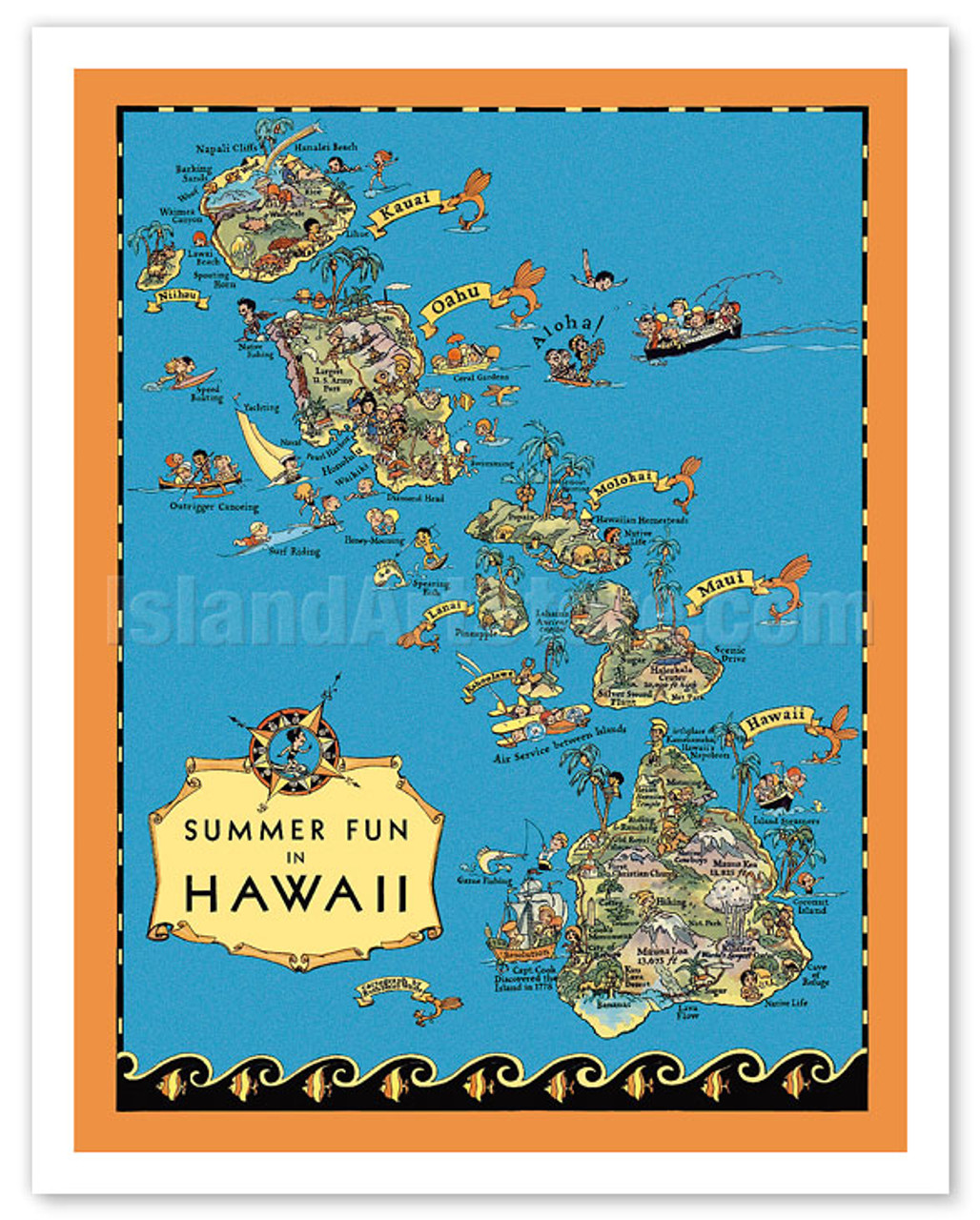 Summer Fun in Hawaii Map - Hawaii Tourist Bureau - Vintage