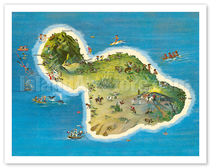 The Island of Maui Hawaii - Pictorial Map c.1962 - Fine Art Prints