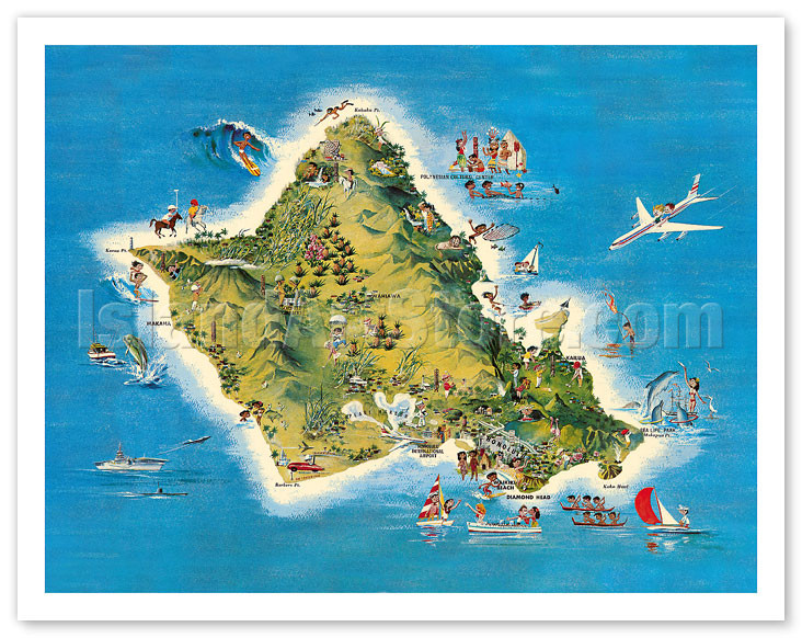 The Island of Oahu Hawaii - Pictorial Map c.1962 - Fine Art Prints