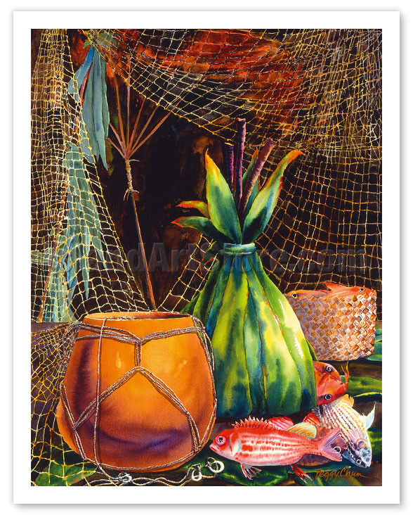 Evening Catch - Hawaiian Fish Nets ('Upena) - Tied Gourd (Ipu Hawele)
