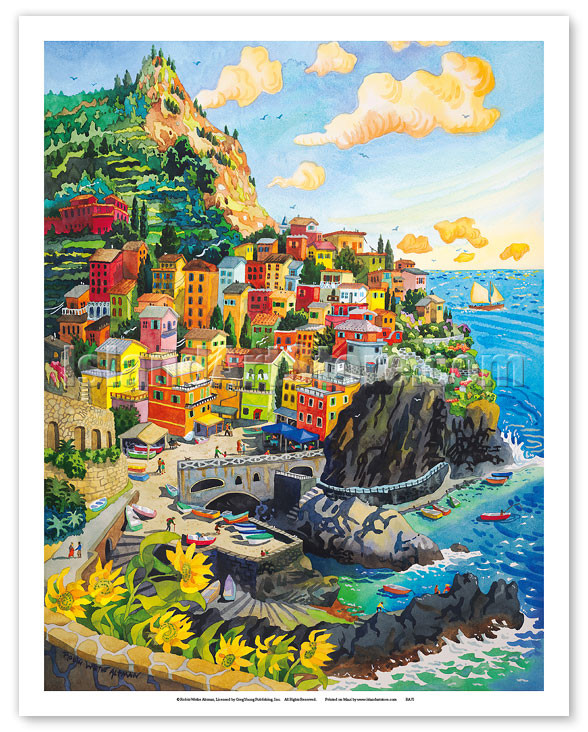 イタリア　LUCIO DEL PEZZO Art ポスター Manarola, Italy - Cinque Terre Coastal Town - Italian