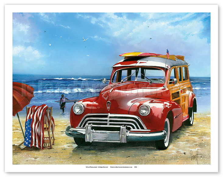 Surfin USA - Retro Woodie Car with Surfboards on Beach by Scott