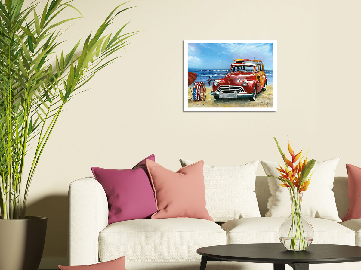 Surfin USA - Retro Woodie Car with Surfboards on Beach by Scott