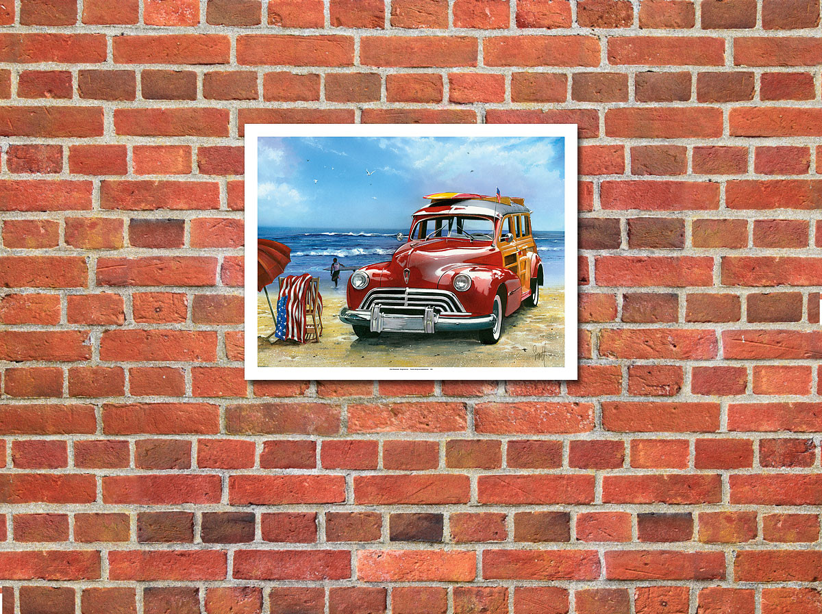 Surfin USA - Retro Woodie Car with Surfboards on Beach by Scott