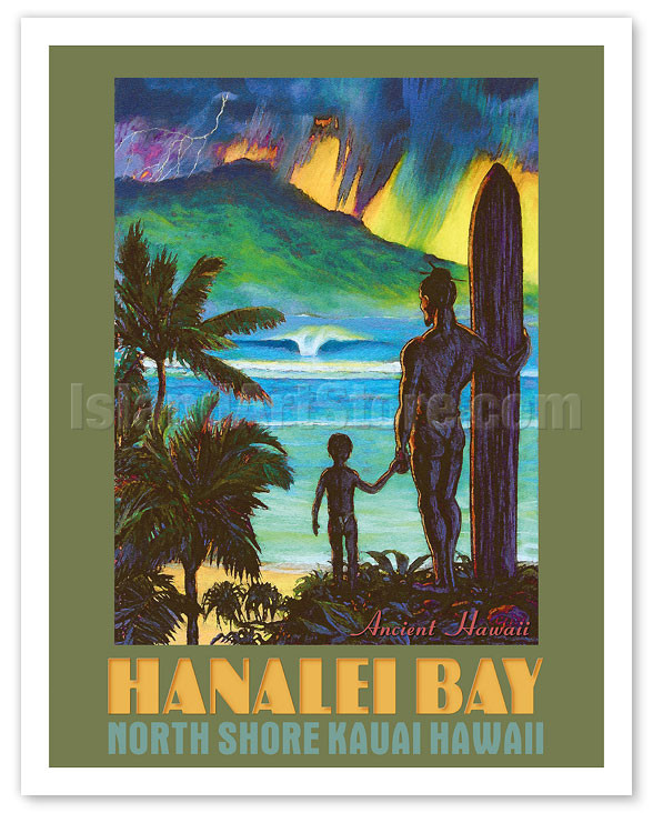 Hanalei Bay - North Shore Kauai Hawaii - Ancient Hawaiian Surfer