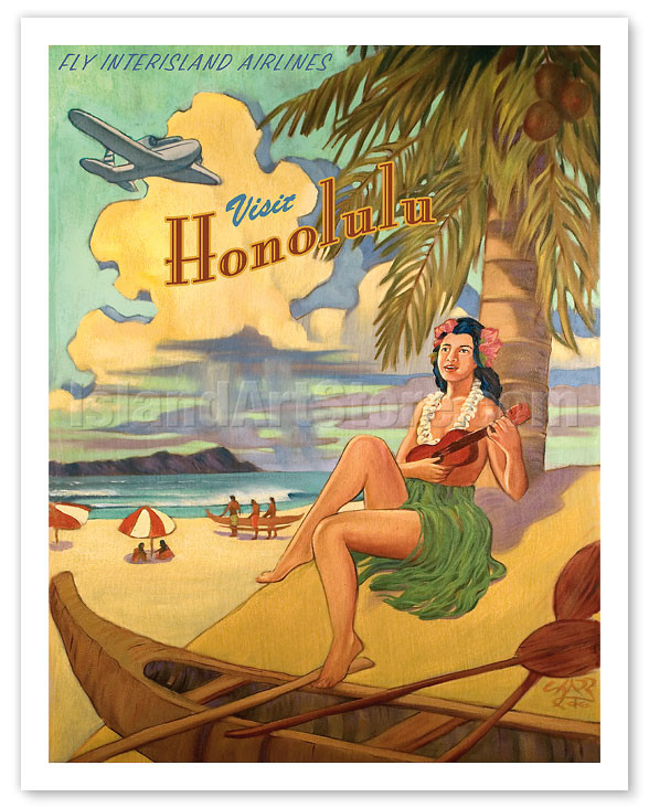 Visit Honolulu - Hawaii Hula Girl Playing Ukulele - Fly