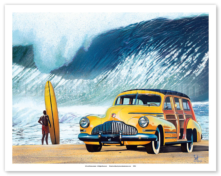 Buttercup Buick - Retro Woodie Car on Beach with Big Wave Surfer