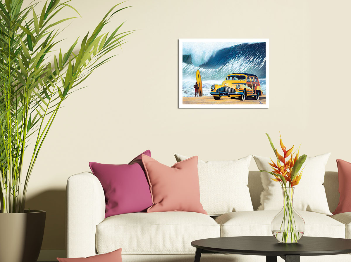 Buttercup Buick - Retro Woodie Car on Beach with Big Wave Surfer