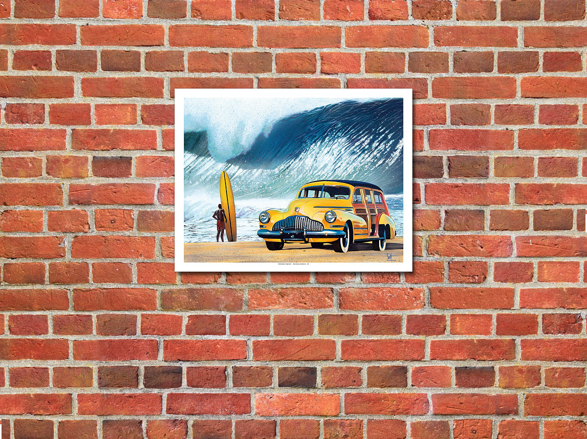 Buttercup Buick - Retro Woodie Car on Beach with Big Wave Surfer