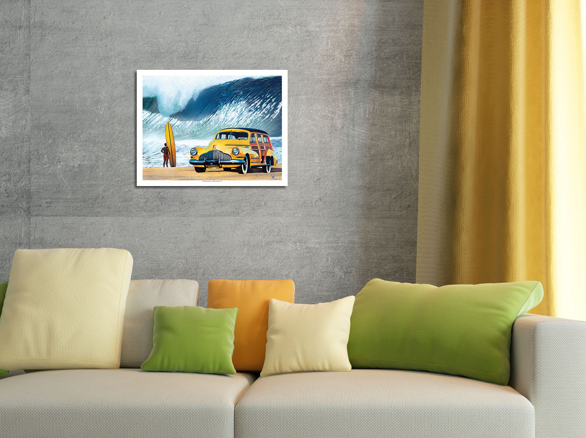 Buttercup Buick - Retro Woodie Car on Beach with Big Wave Surfer