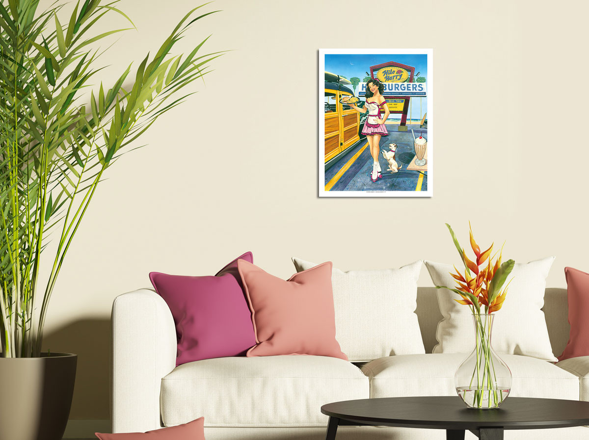 Car Hop Cutie - Retro Woodie with Surfboards and Pin-up Girl by