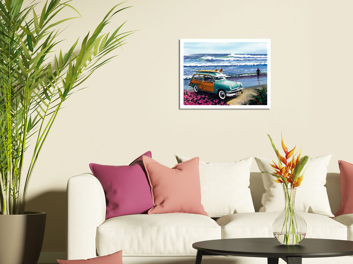 Surf City - Retro Woodie on Beach with Surfboards by Scott