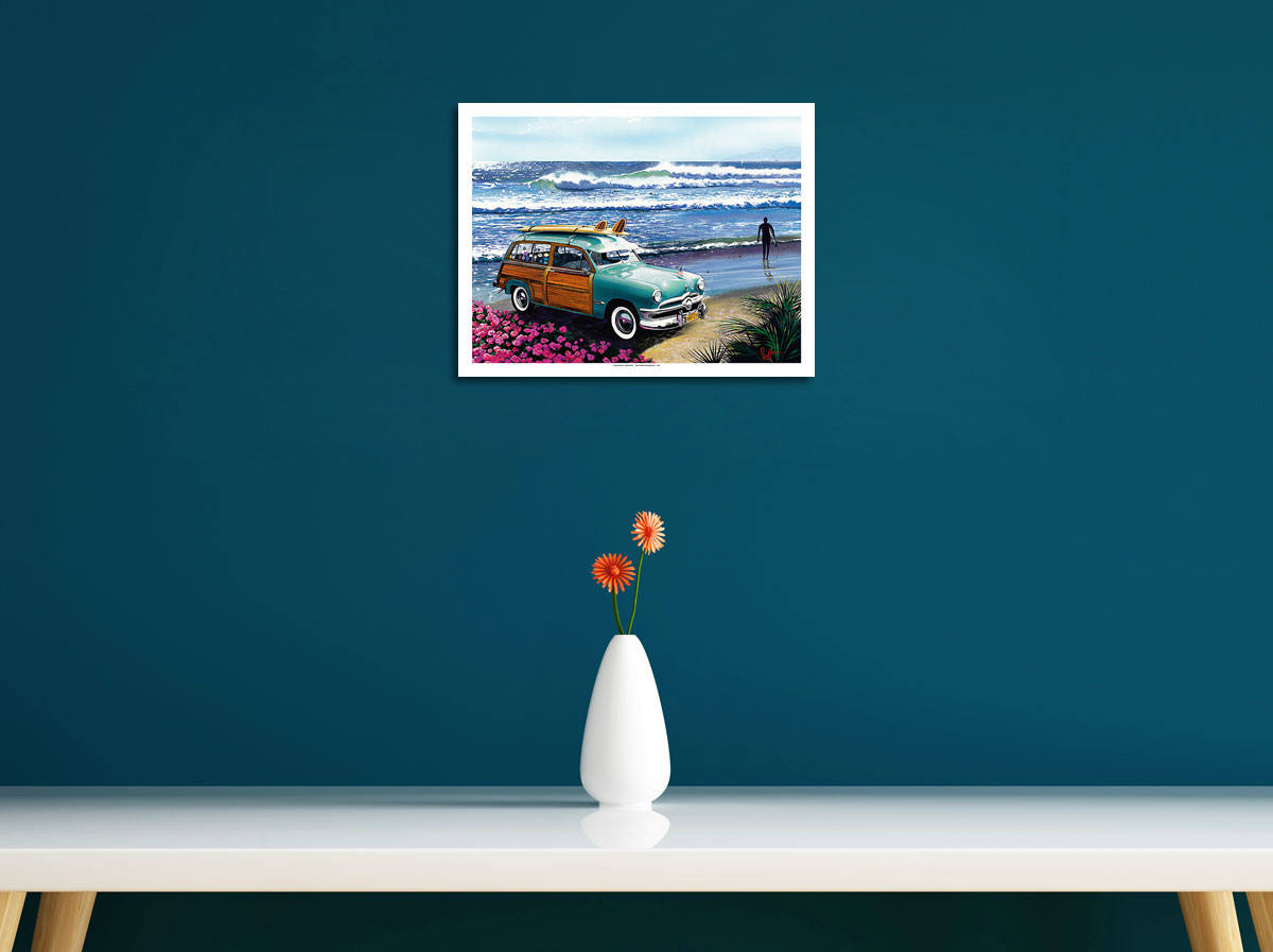 Surf City - Retro Woodie on Beach with Surfboards by Scott