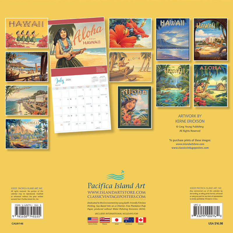 Aloha Hawaii by Kerne Erickson - 2026 Deluxe Wall Calendar