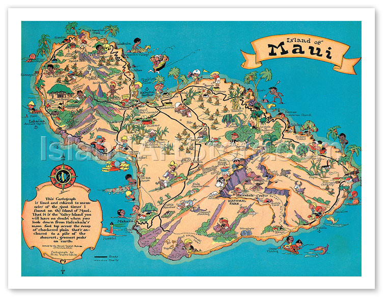 Hawaiian Island Of Maui - Vintage Colored Cartographic Map by
