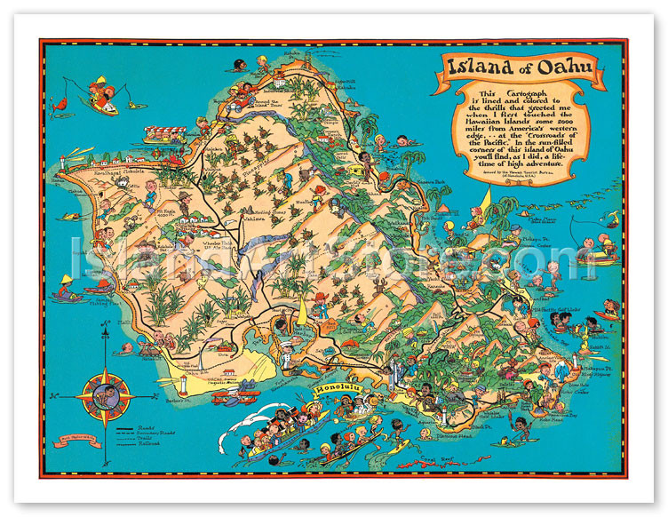 30sレア新品オリジナルルーステイラーホワイトビンテージハワイ地図ポスターマップ Hawaiian Island of Oahu Map by Ruth Taylor White - Fine Art Prints