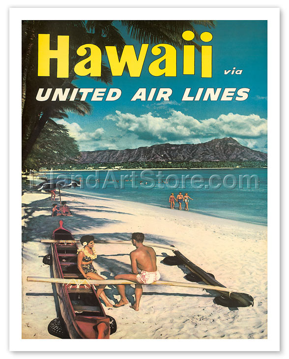 Hawaii via United Airlines, Waikiki & Diamond Head Photo - Vintage