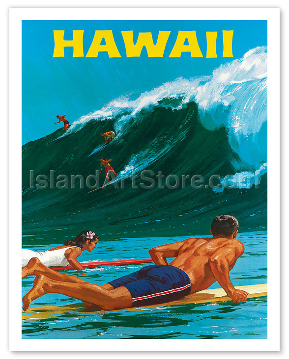 Big Wave Surfing at Waimea, Hawaii - c. 1950's by Chas Allen