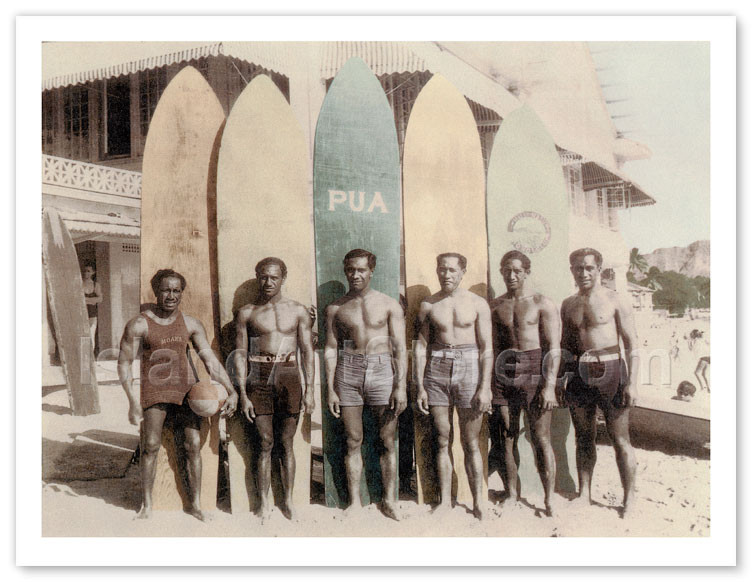 Hawaiian Duke Kahanamoku and his Brothers with Surfboards at