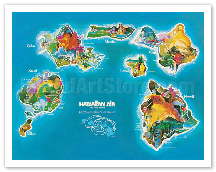 Hawaiian Air アートマップ ビンテージポスター Hawaii Islands Route Map - Hawaiian Air Lines - Vintage Pictorial