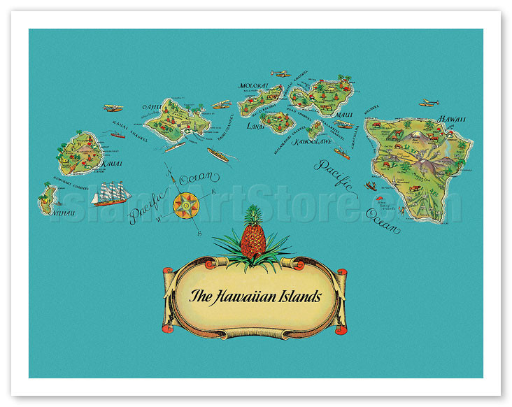 The Hawaiian Islands - Map from The Story of Pineapple - c. 1939