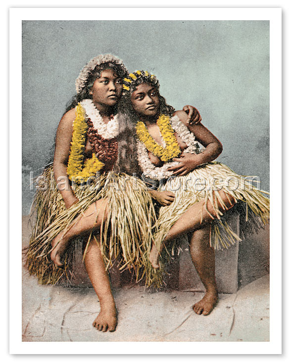 Hawaiian Hula Girls with Flower Leis - Vintage Hand-colored Photo