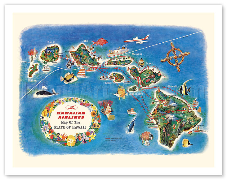Pictorial Map of the State of Hawaii - Hawaiian Airlines Route Map