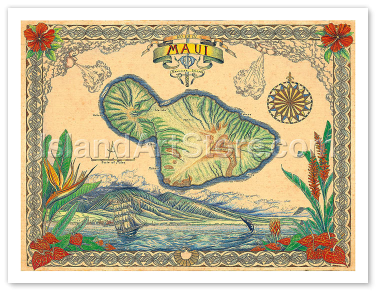 Vintage Style Map of the Island of Maui, Hawaii by Steve