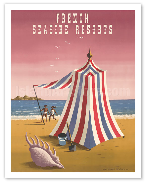 French Seaside Resorts Beach Tent and Conch Shell