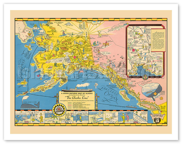 A Good-natured Map of Alaska - The Alaska Line - Alaska Steamship Company - c. 1934 - Vintage Travel Poster