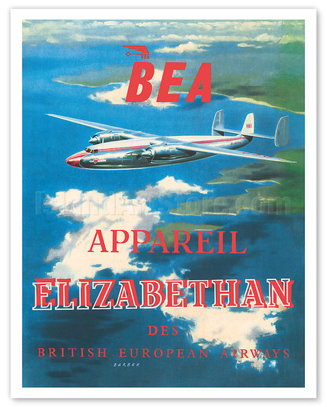 BEA Airspeed Ambassador - Elizabethan Class Service - British European Airways - c. 1952 - Poster by Barber