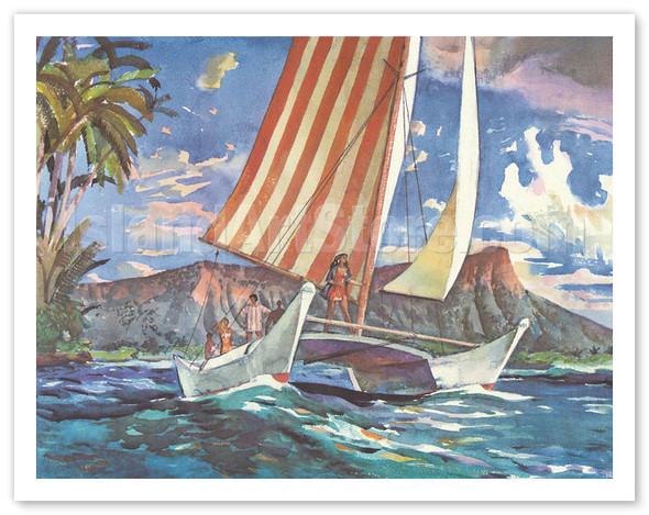 Waikiki, Hawaii - Catamaran Sailing - United Air Lines - c. 1950's - Poster by Millard Sheets