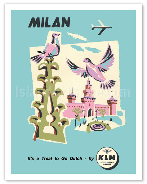 Milan, Italy - Sforzesco Castle - KLM Royal Dutch Airlines - c. 1959 - Vintage Airline Travel Poster