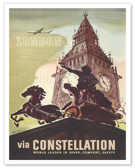 London, England - Big Ben - via Lockheed Constellation (Connie) - c. 1946 - Poster by Noël Quinn
