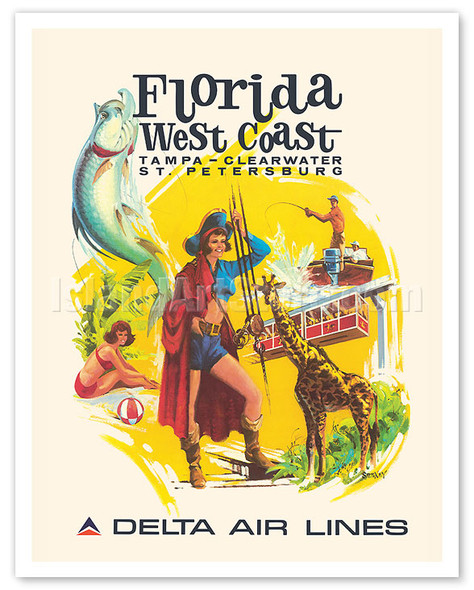 Florida, West Coast - Tampa, Clearwater, St. Petersburg - Delta Air Lines - c. 1960's - Poster by Fred Sweney