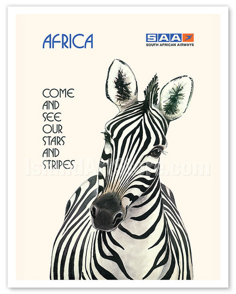 Africa - Come and See Our Stars and Stripes - Zebra - South African Airways - Vintage Airline Travel Poster