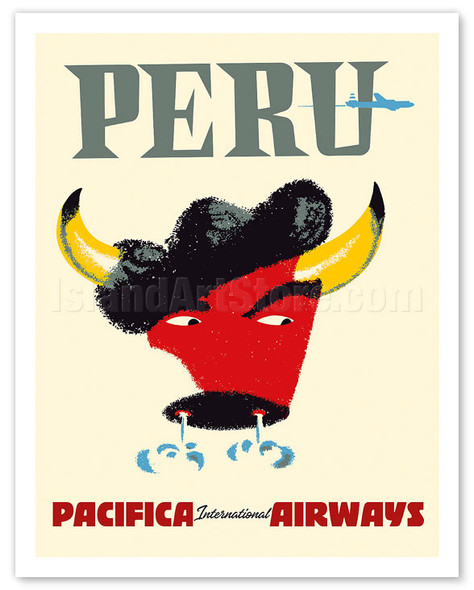 Peru - Pacifica International Airways - Bull Snorting - c. 1950's - Vintage Airline Travel Poster