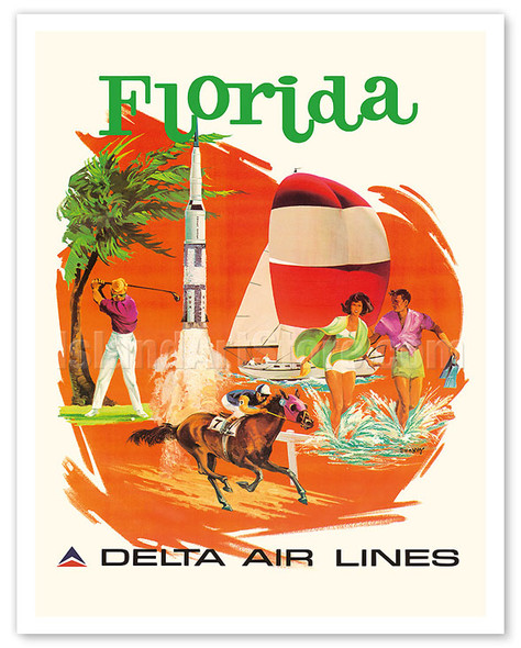Florida - Golfing, Horse Races and Kennedy Space Center - Delta Air Lines - c. 1960's - Poster by Fred Sweney