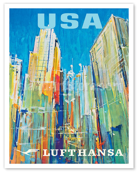 USA - Skyscrapers - Lufthansa German Airlines - c. 1962 - Vintage Airline Travel Poster