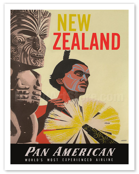 New Zealand - Pan American World Airways - Native Maori Warrior and Tiki - c. 1955 - Poster by Aaron Amspoker