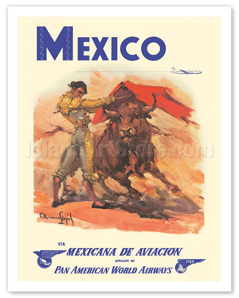 Mexico - via Mexicana de Aviación - Pan American World Airways - Bull Fighter - c. 1950 - Poster by Carlos Ruano Llopis