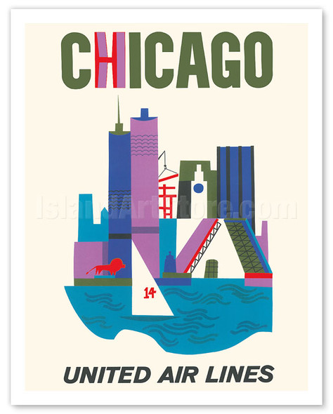 Chicago, Illinois - United Air Lines - c. 1962 - Vintage Airline Travel Poster