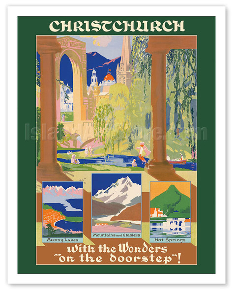 Christchurch, New Zealand - Cathedral, Hanmer Springs, and Bridge of Remembrance on the River Avon - c. 1935 - Vintage Travel Poster