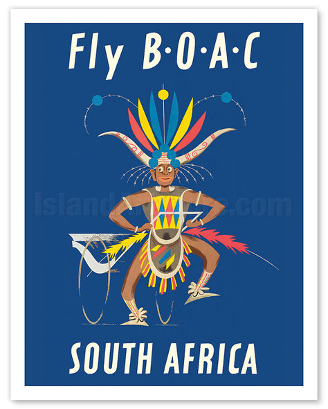 South Africa - African Zulu Rickshaw Dancer - Fly BOAC (British Overseas Airways Corporation) - c. 1953 - Poster by Aldo Cosomati