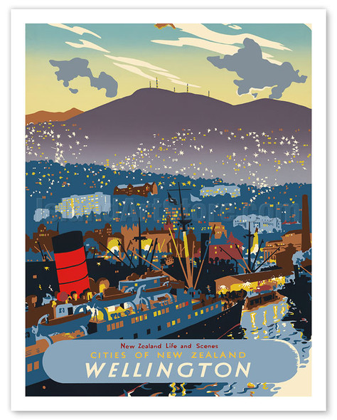 Wellington, New Zealand - The City at Night & RMS Queen Mary I Ocean Liner docked in the Harbor - c. 1950 - Poster by Howard Mallitte